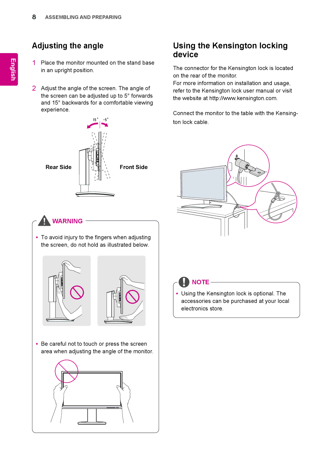 LG Electronics 23CAV42K owner manual Adjusting the angle, Using the Kensington locking device, Rear Side Front Side 