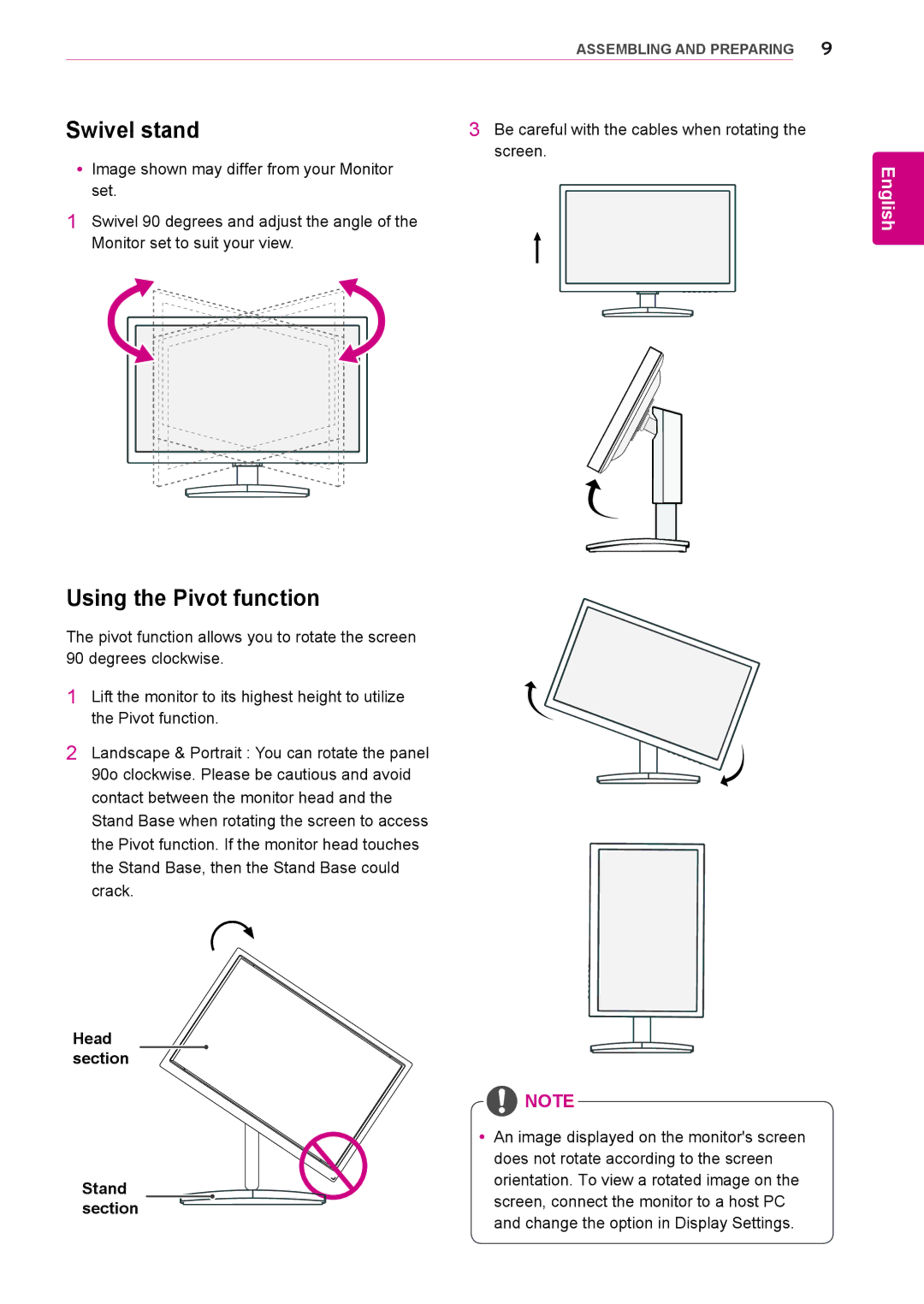 LG Electronics 23CAV42K owner manual Swivel stand, Using the Pivot function, Be careful with the cables when rotating 