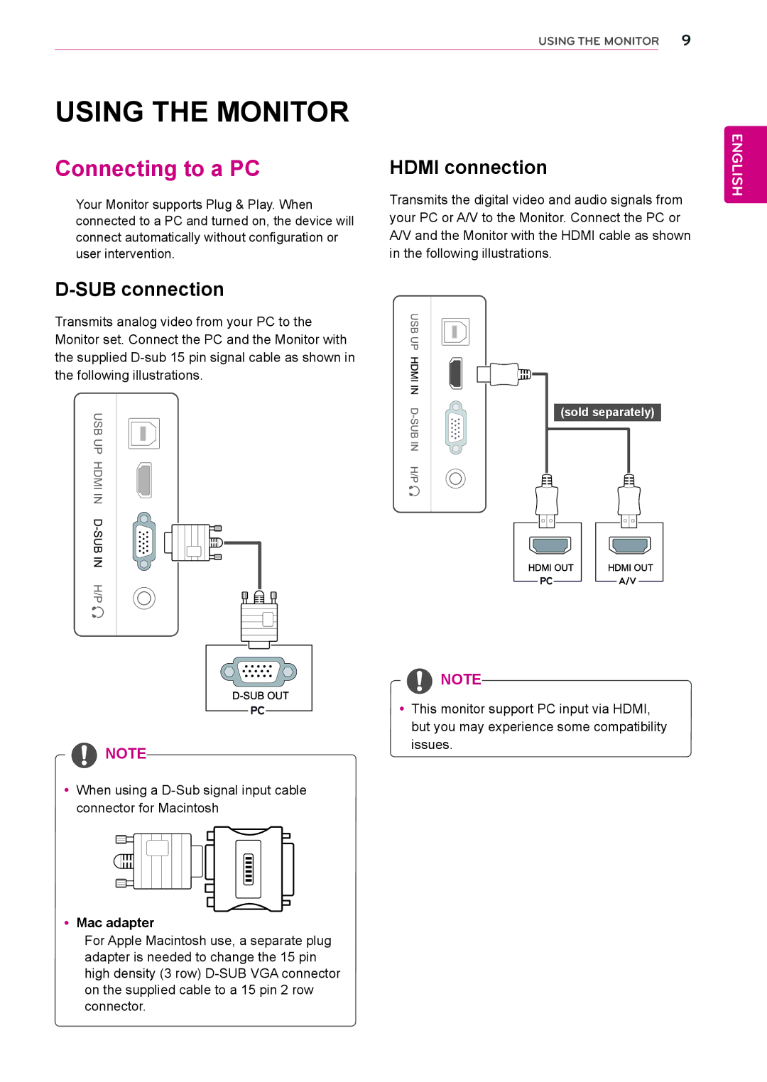 LG Electronics 23ET63V owner manual Using the Monitor, Connecting to a PC, Hdmi connection, SUB connection 