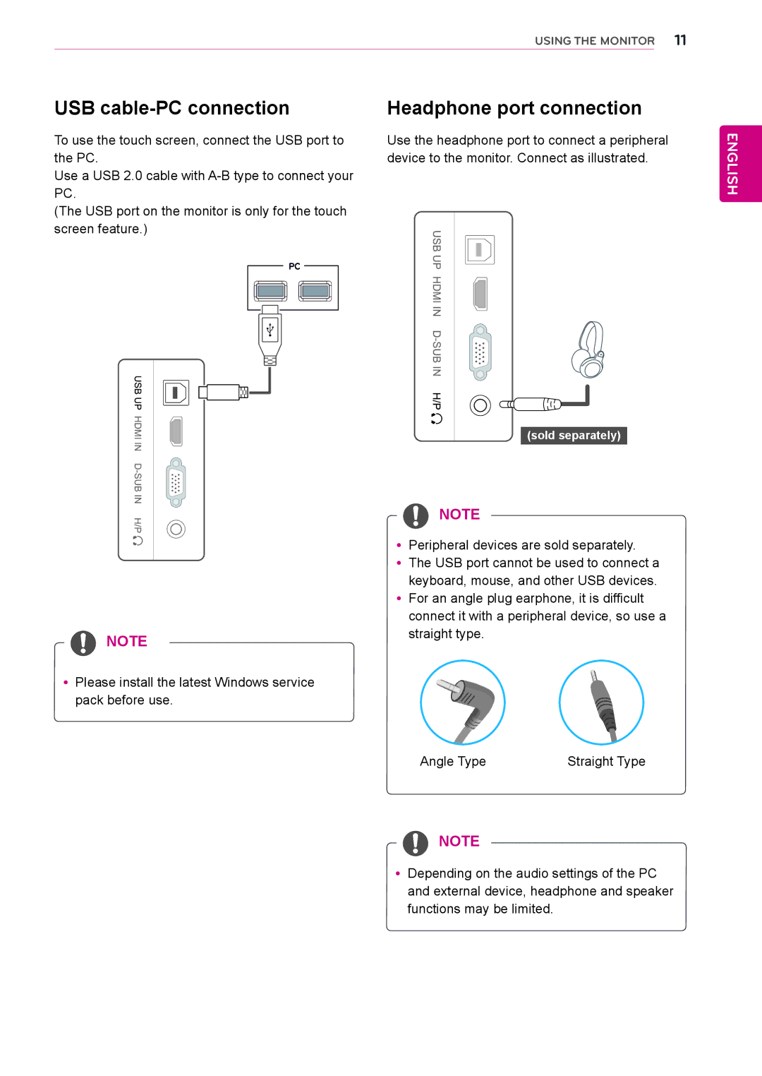 LG Electronics 23ET63V owner manual USB cable-PC connection Headphone port connection 