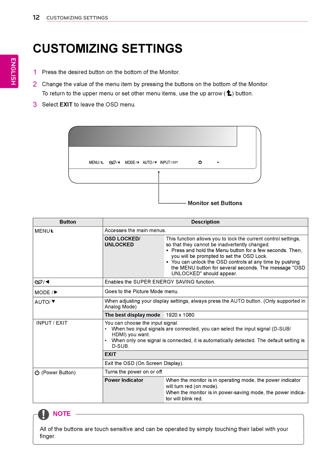 LG Electronics 23ET63V owner manual Customizing Settings, Button Description, Best display mode, Power Indicator 