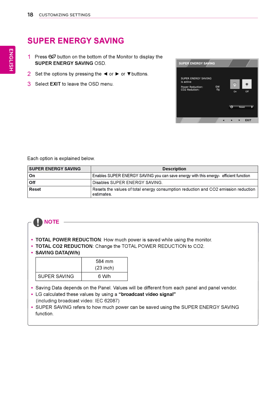 LG Electronics 23ET63V owner manual Off Disables Super Energy Saving Reset, Estimates 