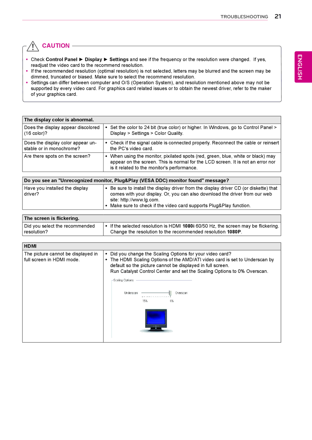 LG Electronics 23ET63V owner manual Display color is abnormal, Screen is flickering 