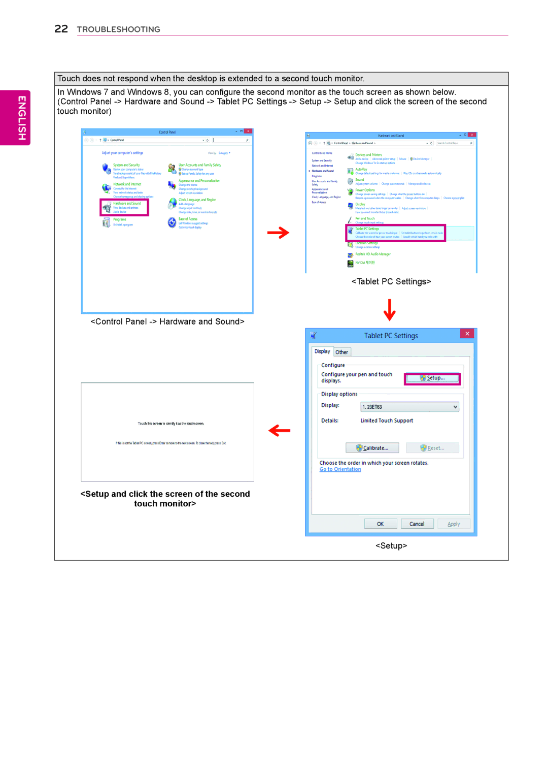 LG Electronics 23ET63V owner manual Setup and click the screen of the second Touch monitor 