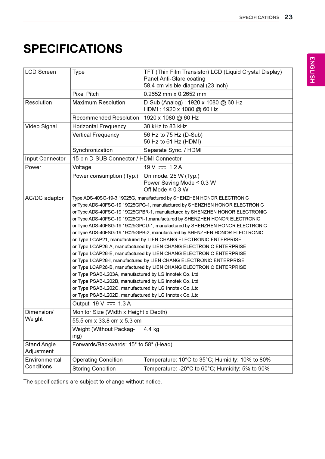 LG Electronics 23ET63V owner manual Specifications 