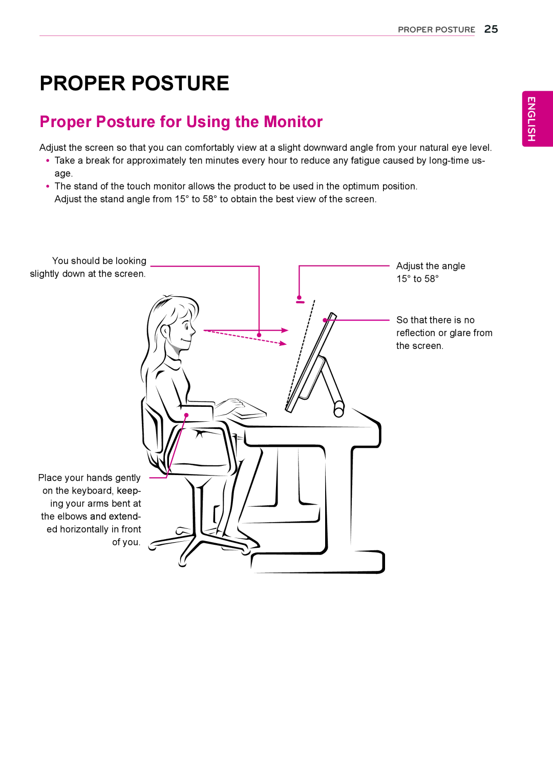 LG Electronics 23ET63V owner manual Proper Posture for Using the Monitor 