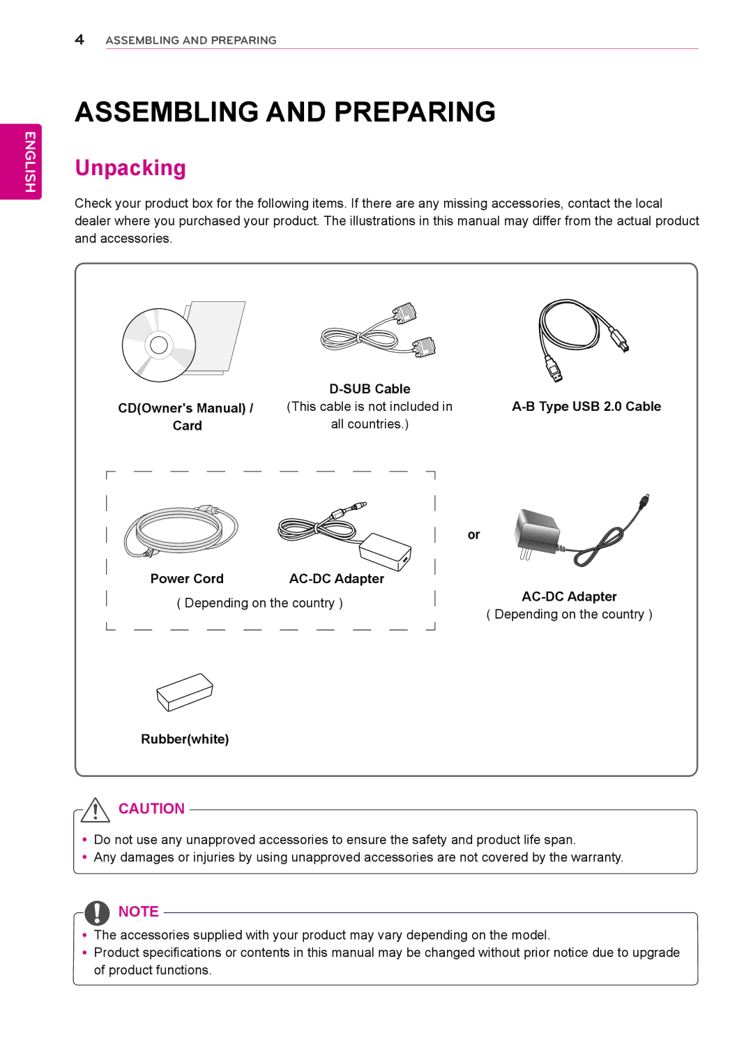 LG Electronics 23ET63V owner manual Unpacking, This cable is not included, All countries, Depending on the country 