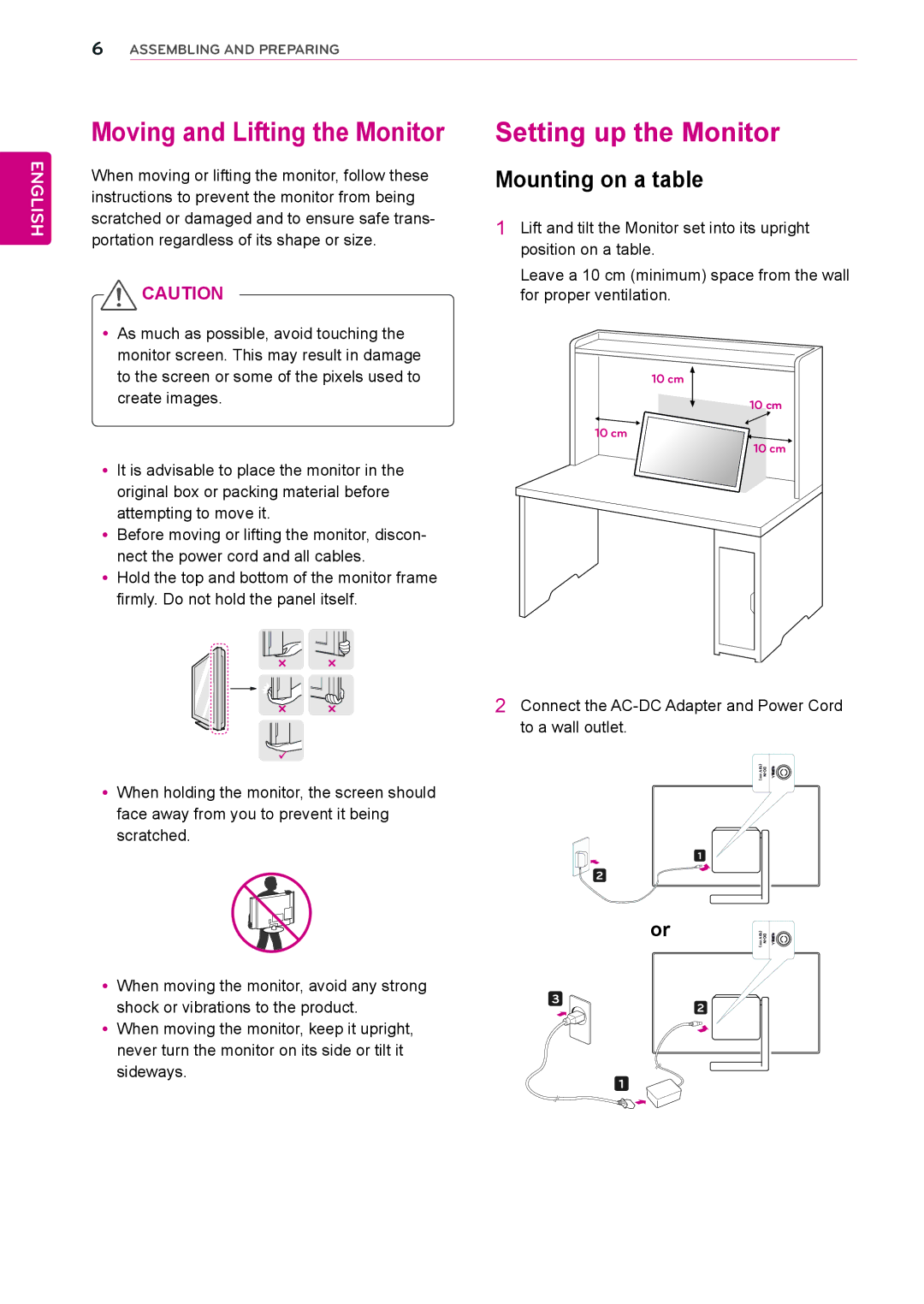 LG Electronics 23ET63V owner manual Moving and Lifting the Monitor, Setting up the Monitor, Mounting on a table 