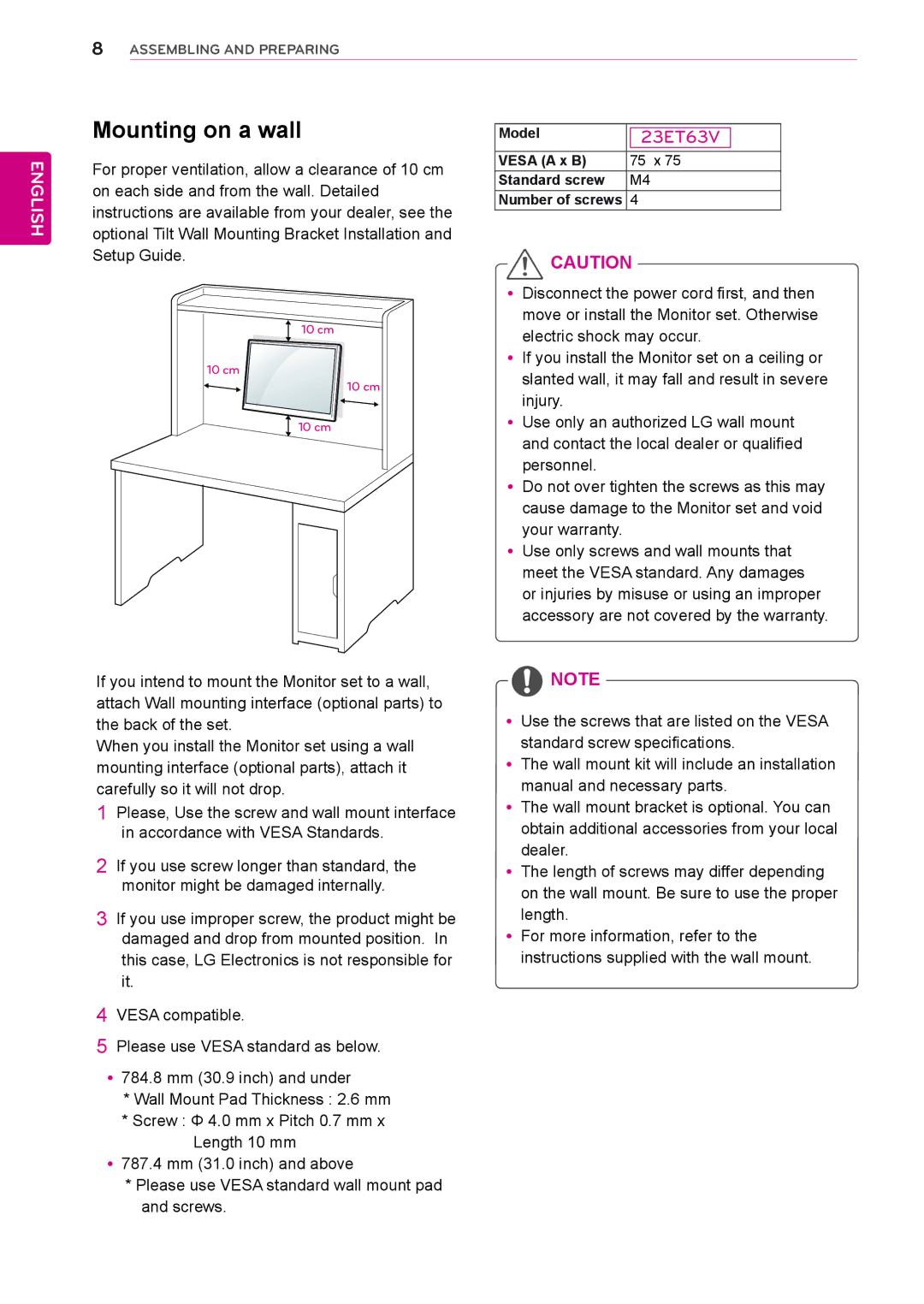 LG Electronics 23ET63V owner manual Mounting on a wall, Model, Vesa a x B 75 x Standard screw Number of screws 