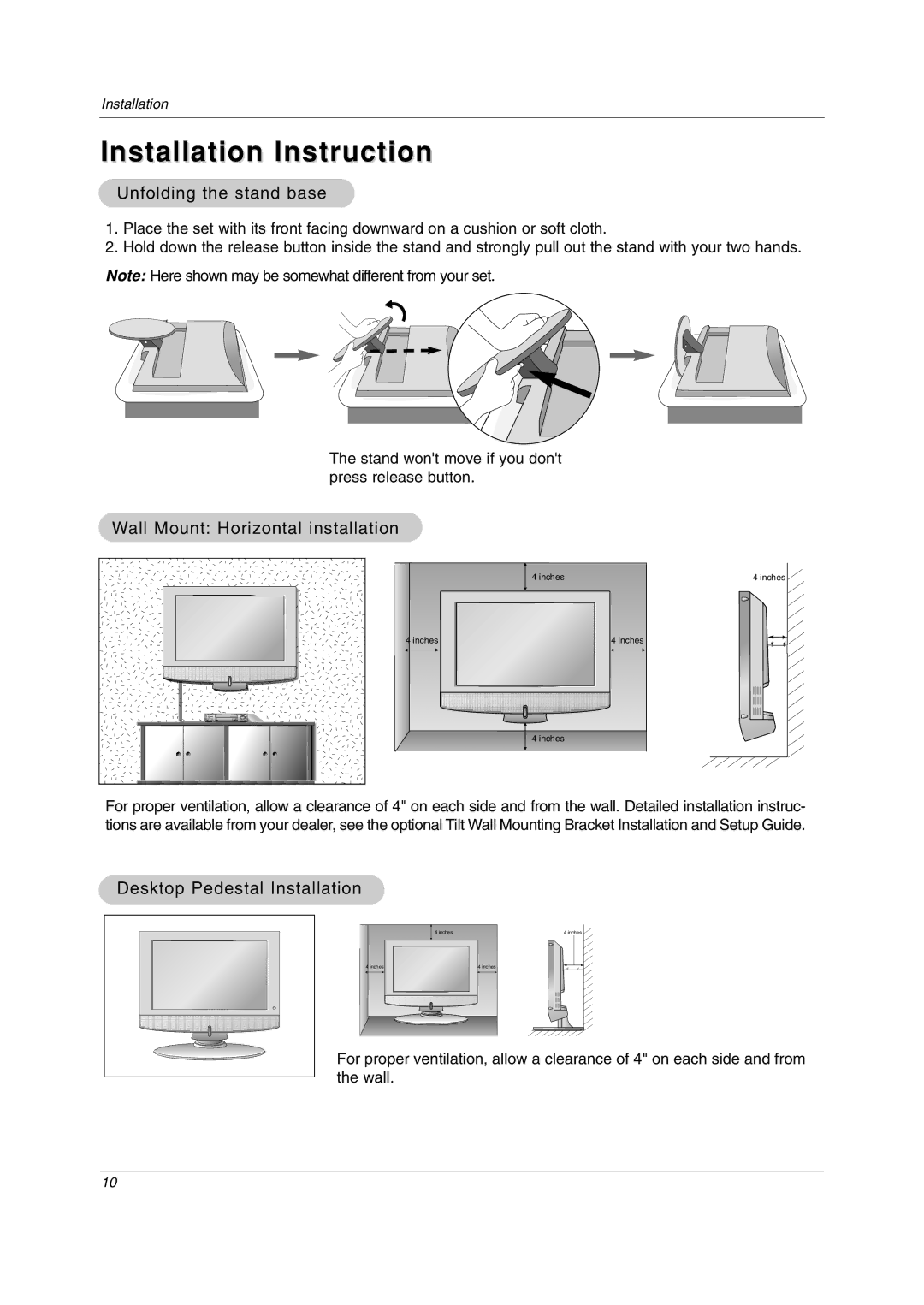 LG Electronics 23LC1R* owner manual Installation Instruction, Unfolding the stand base, Wall Mount Horizontal installation 