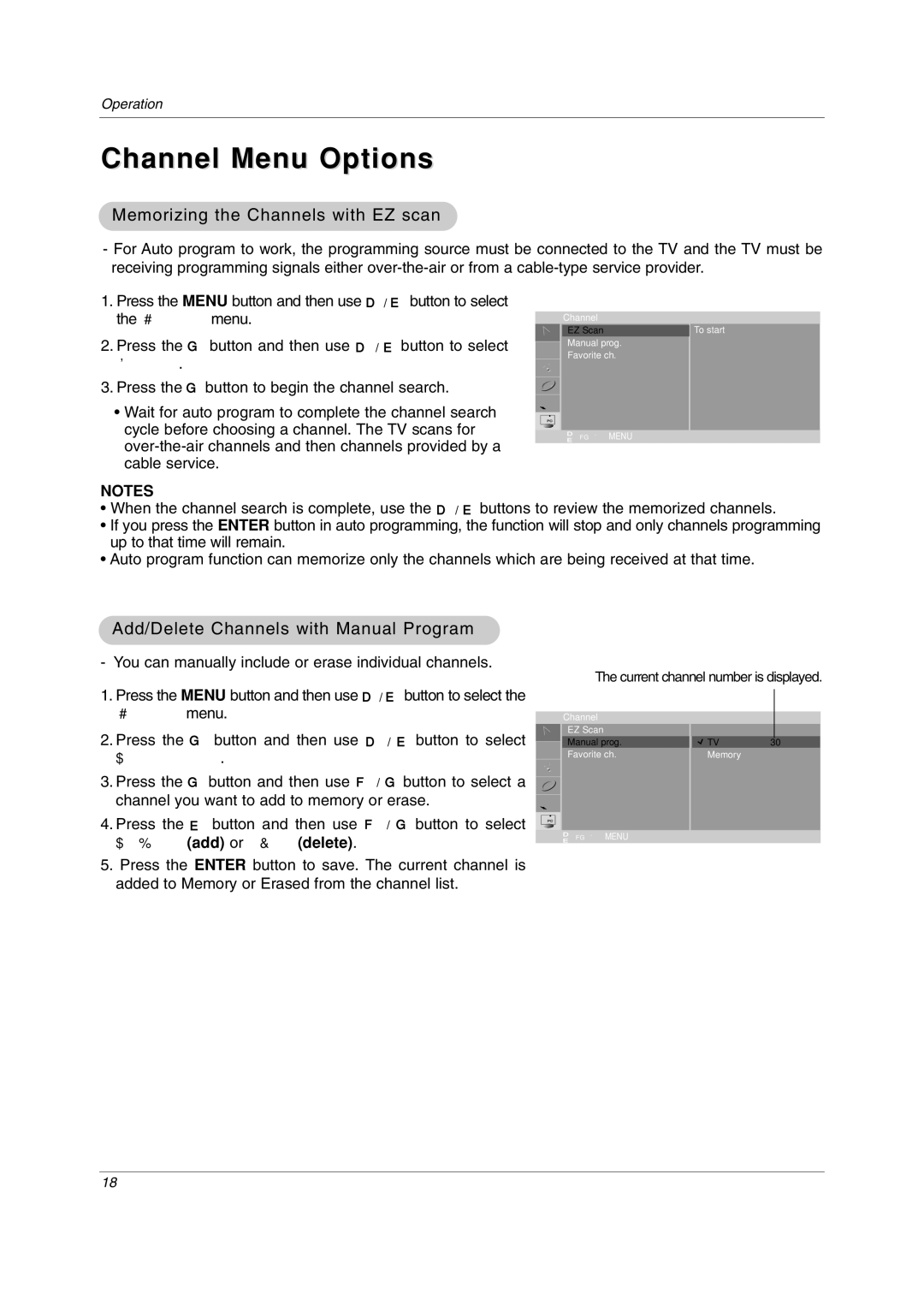 LG Electronics 23LC1R* Channel Menu Options, Memorizing the Channels with EZ scan, Add/Delete Channels with Manual Program 