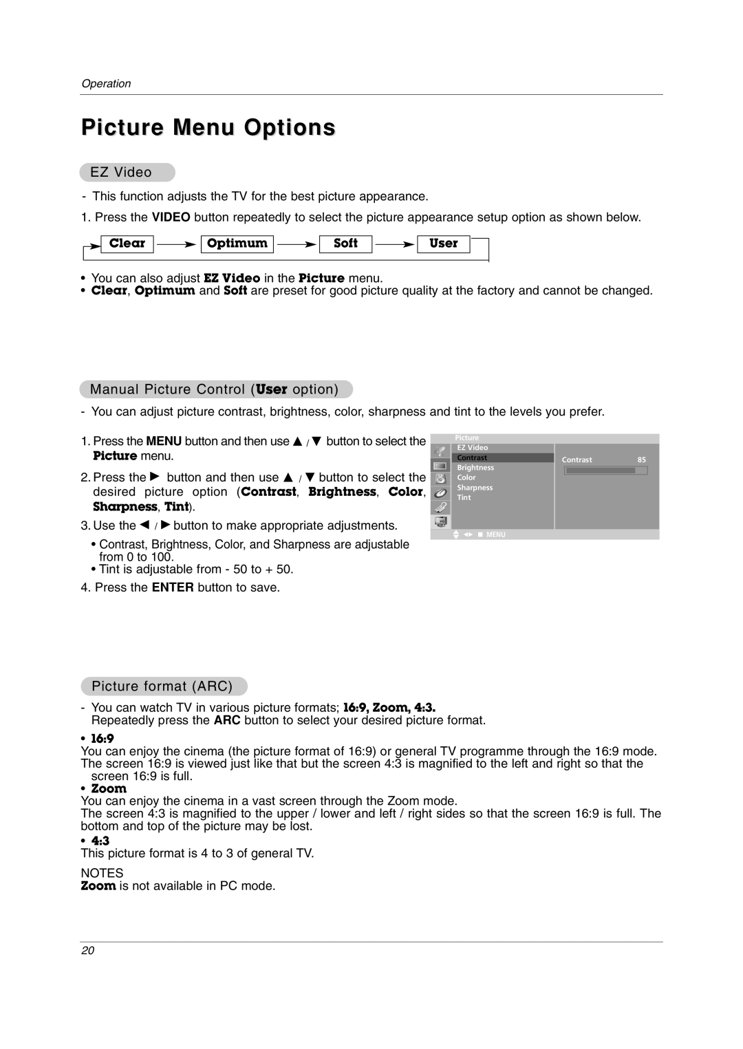 LG Electronics 23LC1R* owner manual Picture Menu Options, EZ Video, Manual Picture Control User option, Picture format ARC 