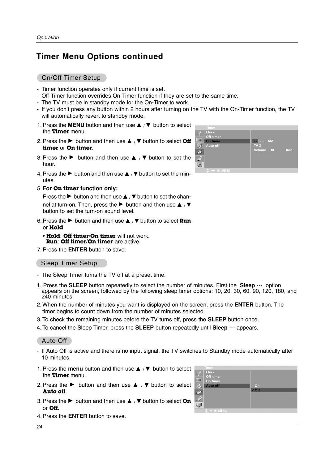 LG Electronics 23LC1R* Timer Menu Options, On/Off Timer Setup, Sleep Timer Setup, Auto Off, For On timer function only 