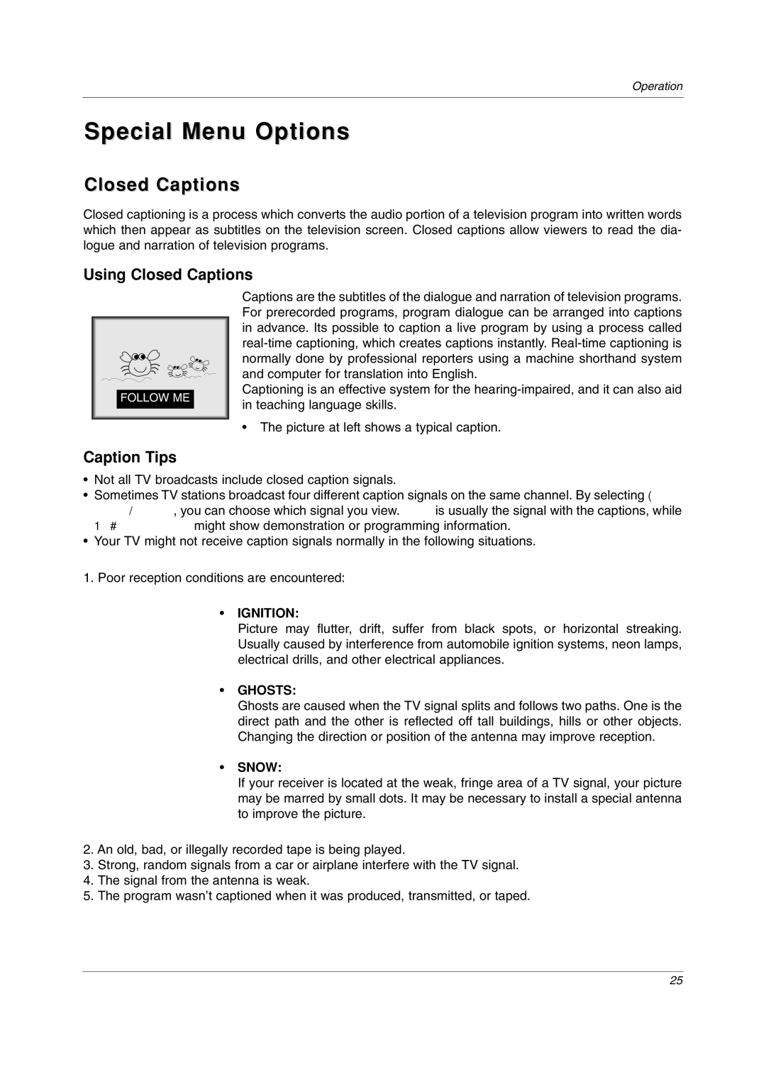 LG Electronics 23LC1R* owner manual Special Menu Options, Closed Captions 