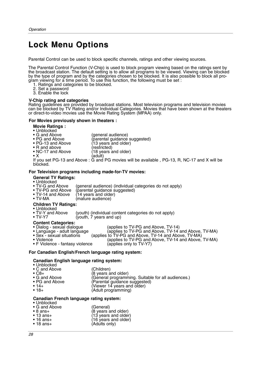 LG Electronics 23LC1R* owner manual Lock Menu Options 