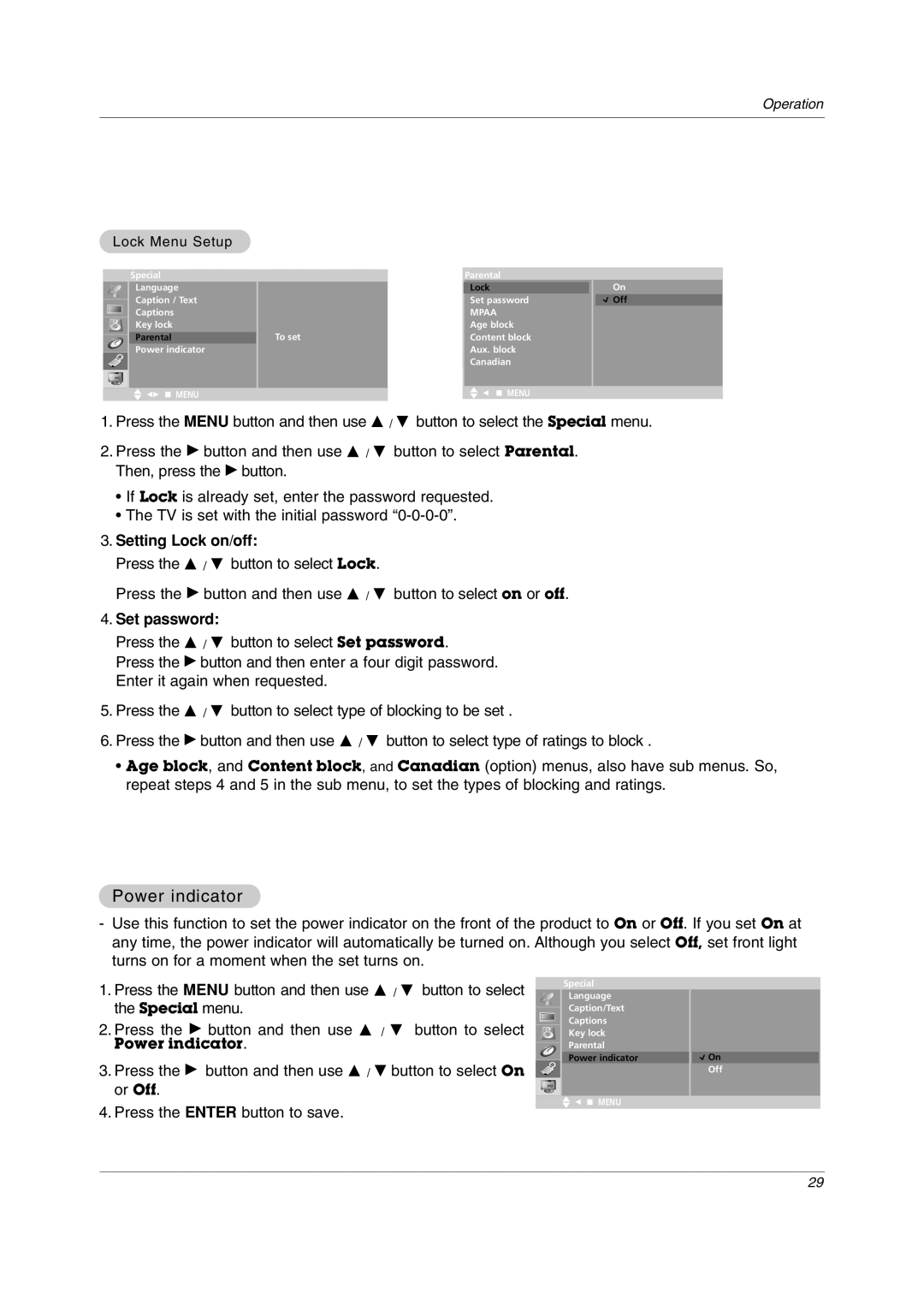 LG Electronics 23LC1R* owner manual Power indicator, Setting Lock on/off, Set password 