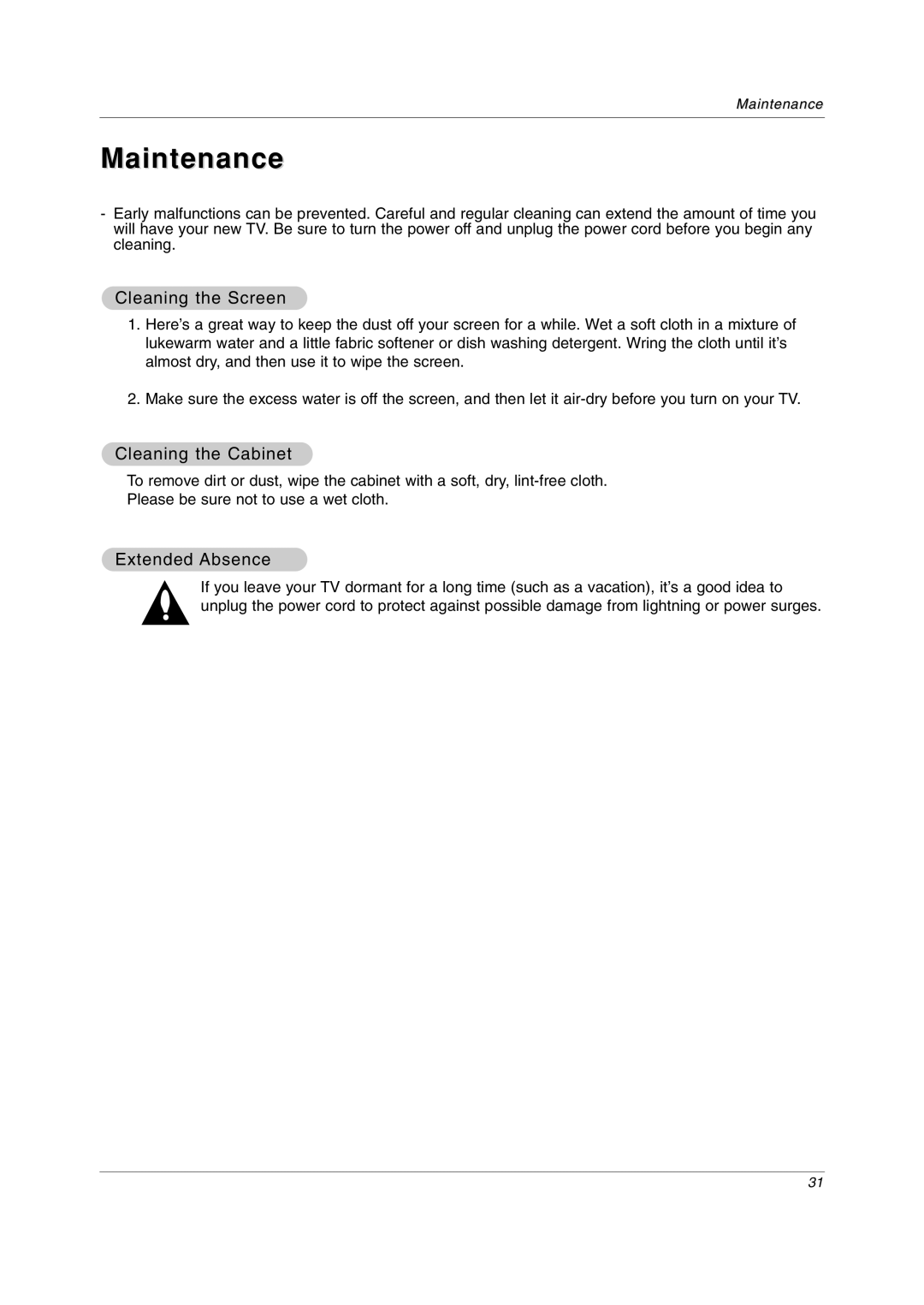 LG Electronics 23LC1R* owner manual Maintenance, Cleaning the Screen, Cleaning the Cabinet, Extended Absence 