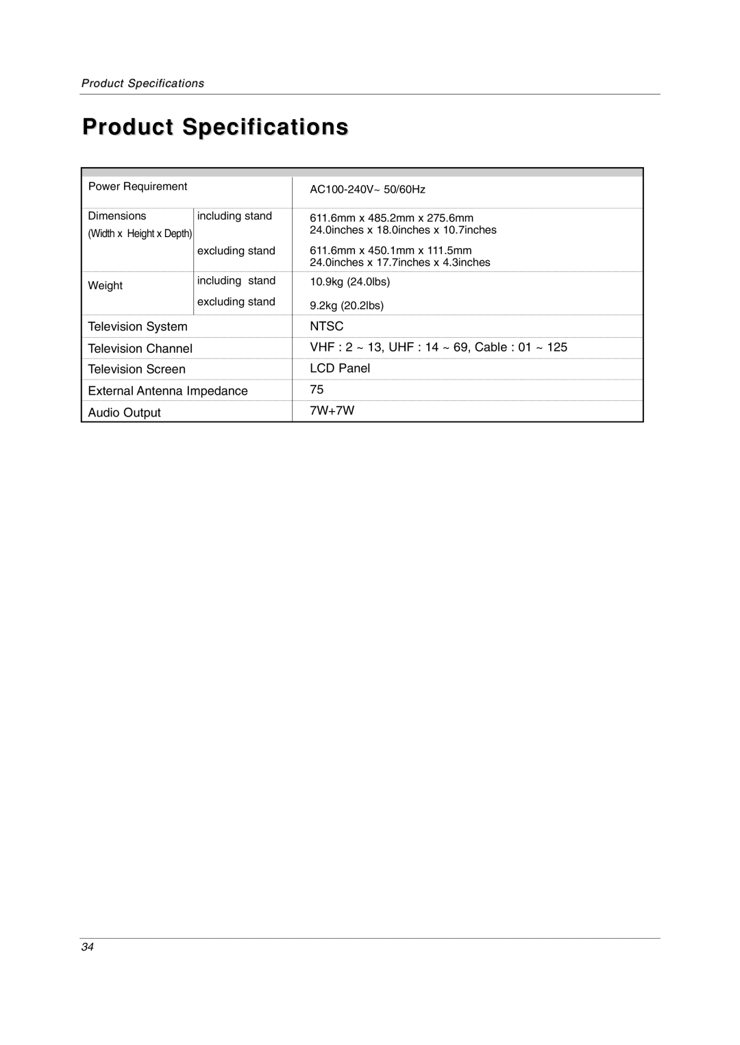 LG Electronics 23LC1R* owner manual Product Specifications 