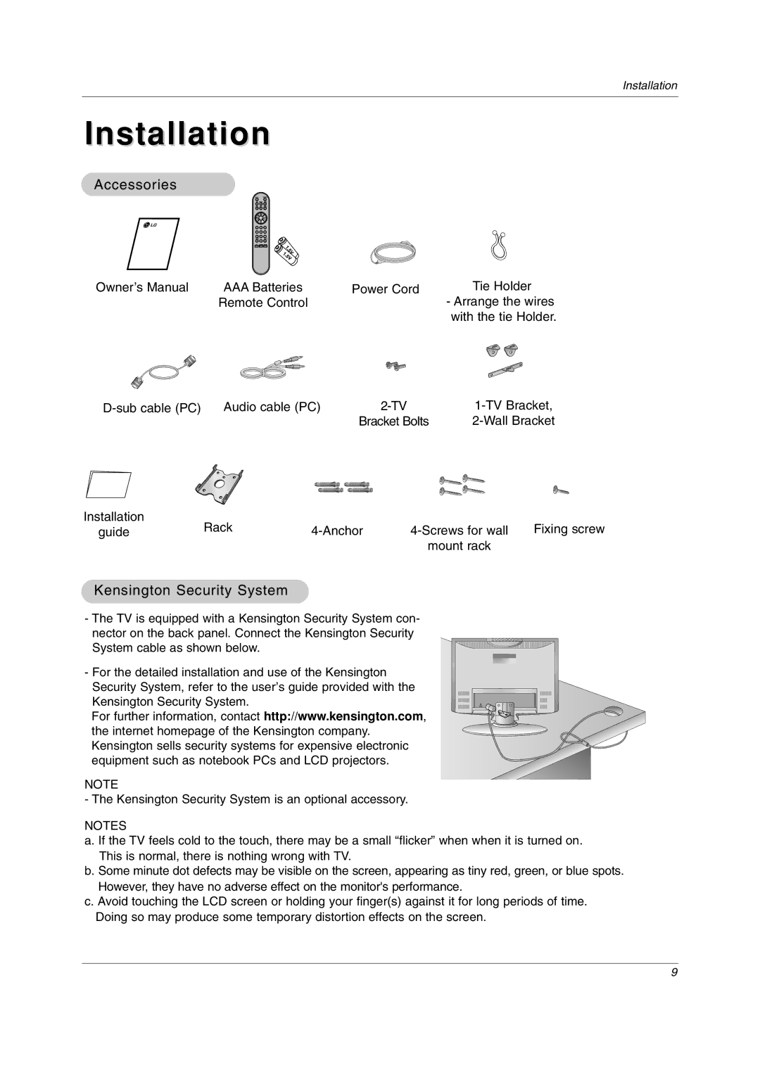 LG Electronics 23LC1R* owner manual Accessories, Kensington Security System 