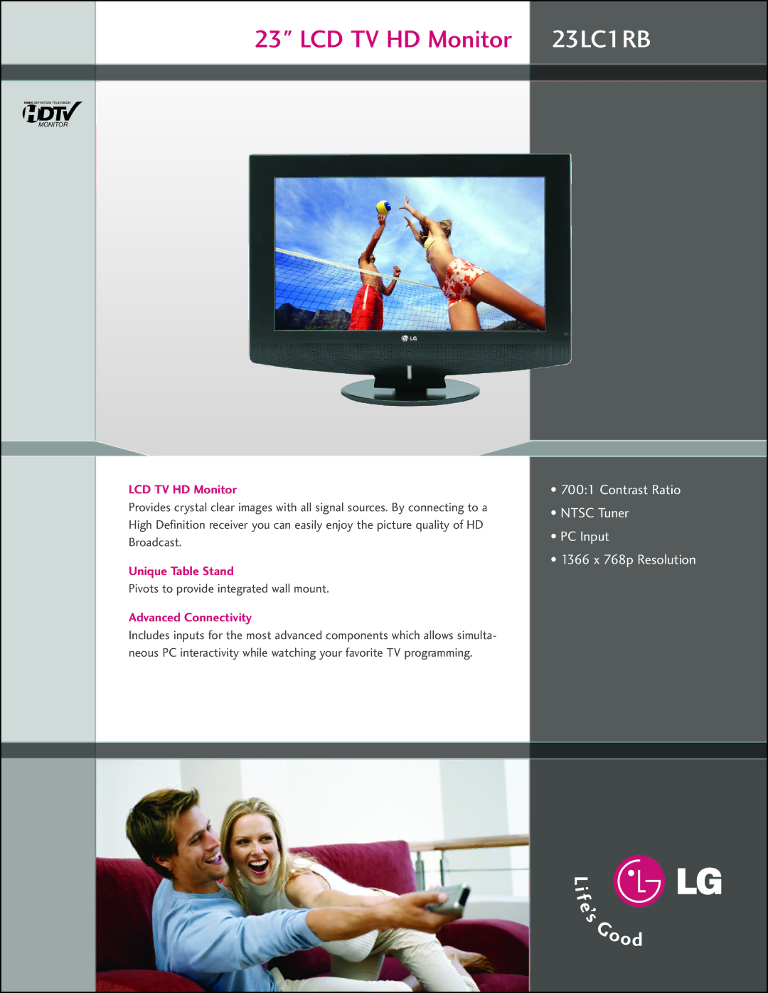 LG Electronics 23LC1RB manual LCD TV HD Monitor, Unique Table Stand, Advanced Connectivity 