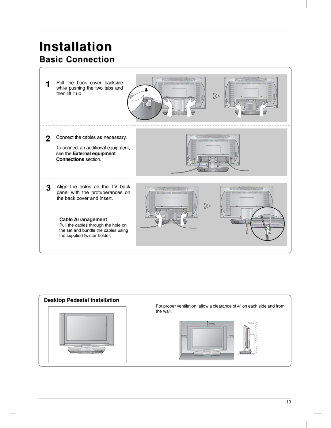 LG Electronics 23LX1RV owner manual Installation, Basic Connection, Cable Arranagement 