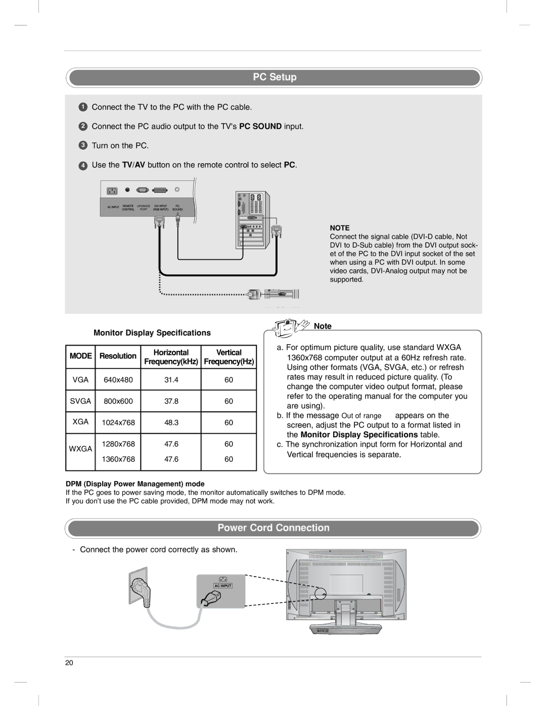 LG Electronics 23LX1RV PC Setup, Power Cord Connection, Monitor Display Specifications Horizontal Vertical, Resolution 