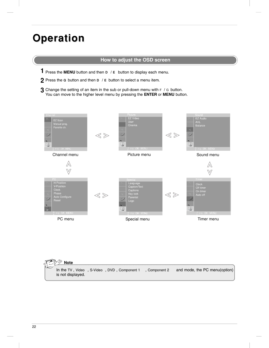 LG Electronics 23LX1RV owner manual How to adjust the OSD screen, Sound menu 