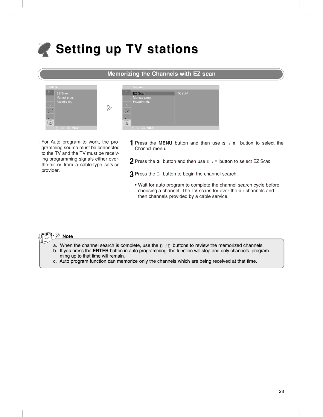 LG Electronics 23LX1RV owner manual Setting up TV stations, Memorizing the Channels with EZ scan 