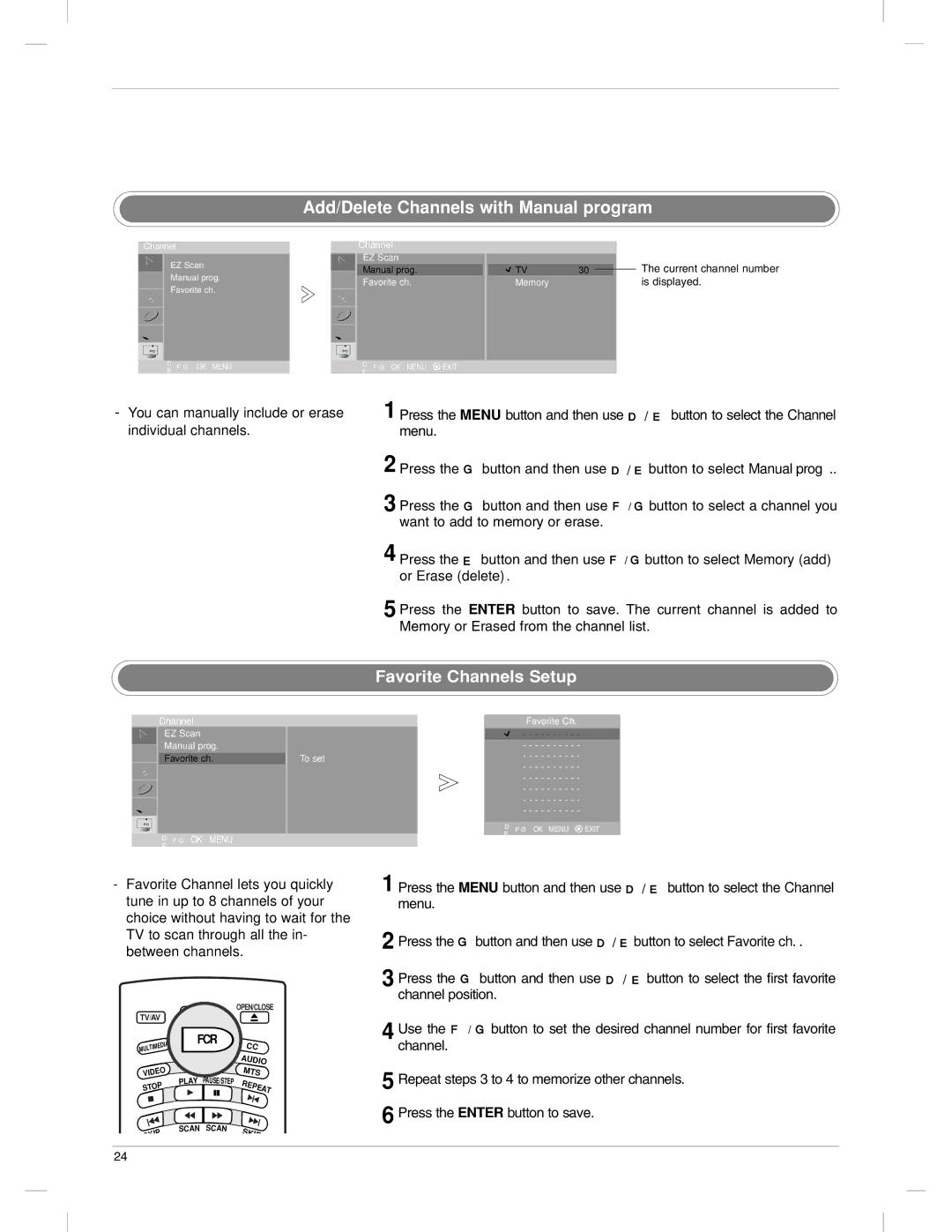 LG Electronics 23LX1RV owner manual Add/Delete Channels with Manual program, Favorite Channels Setup 