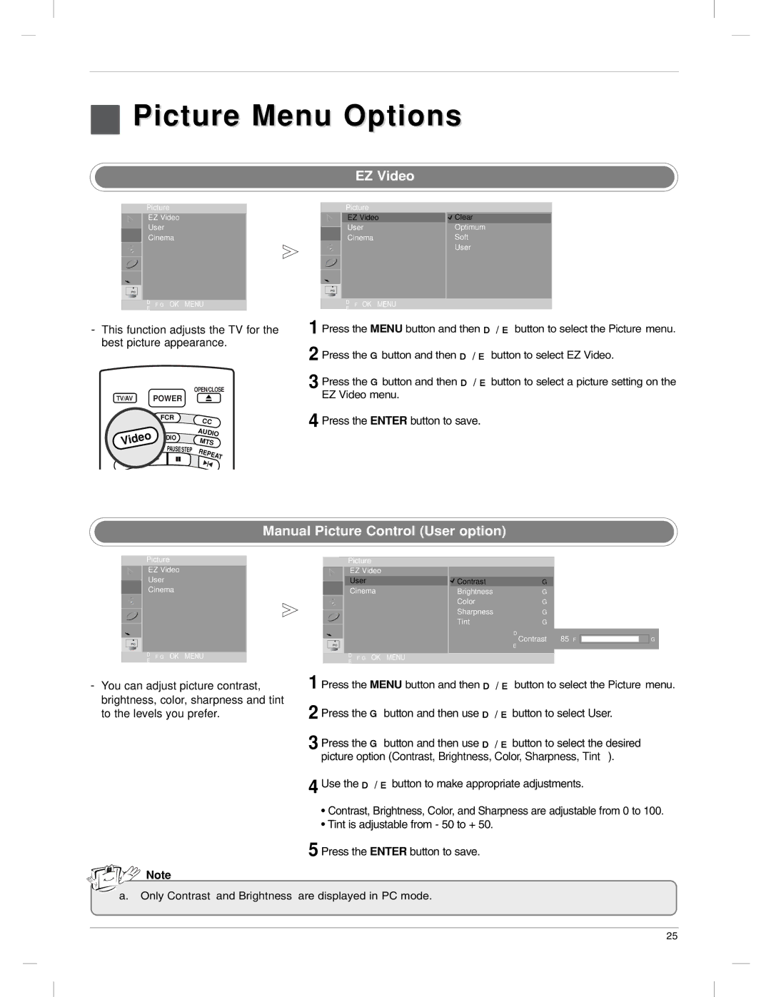 LG Electronics 23LX1RV owner manual Picture Menu Options, EZ Video, Manual Picture Control User option 