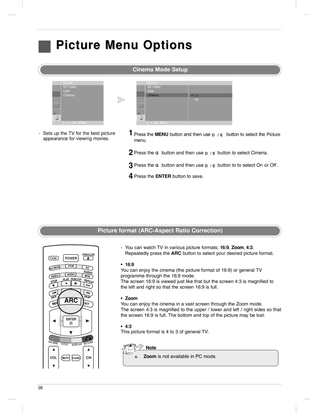 LG Electronics 23LX1RV owner manual Picture format ARC-Aspect Ratio Correction, Cinema Mode Setup, 169, Zoom 