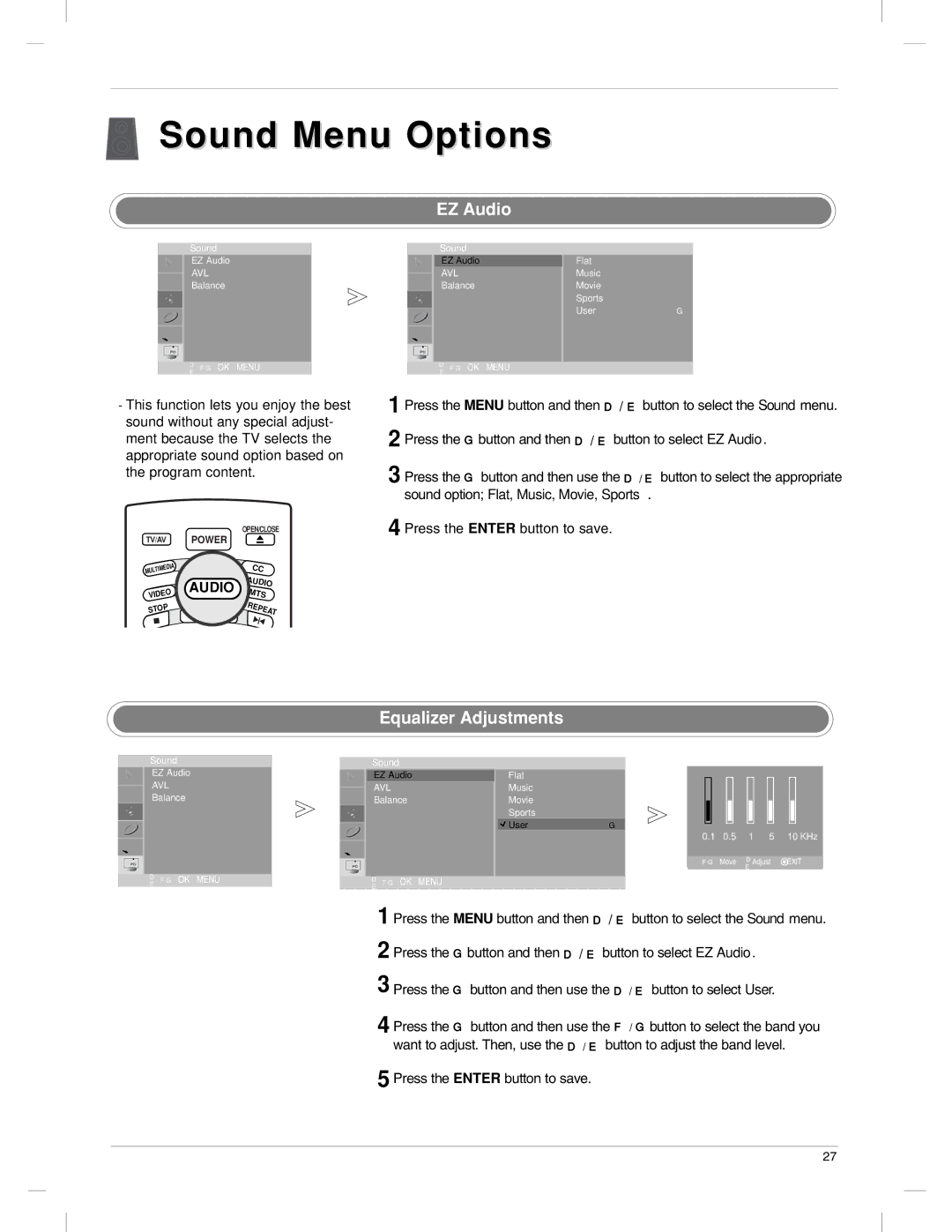 LG Electronics 23LX1RV owner manual Sound Menu Options, EZ Audio, Equalizer Adjustments 