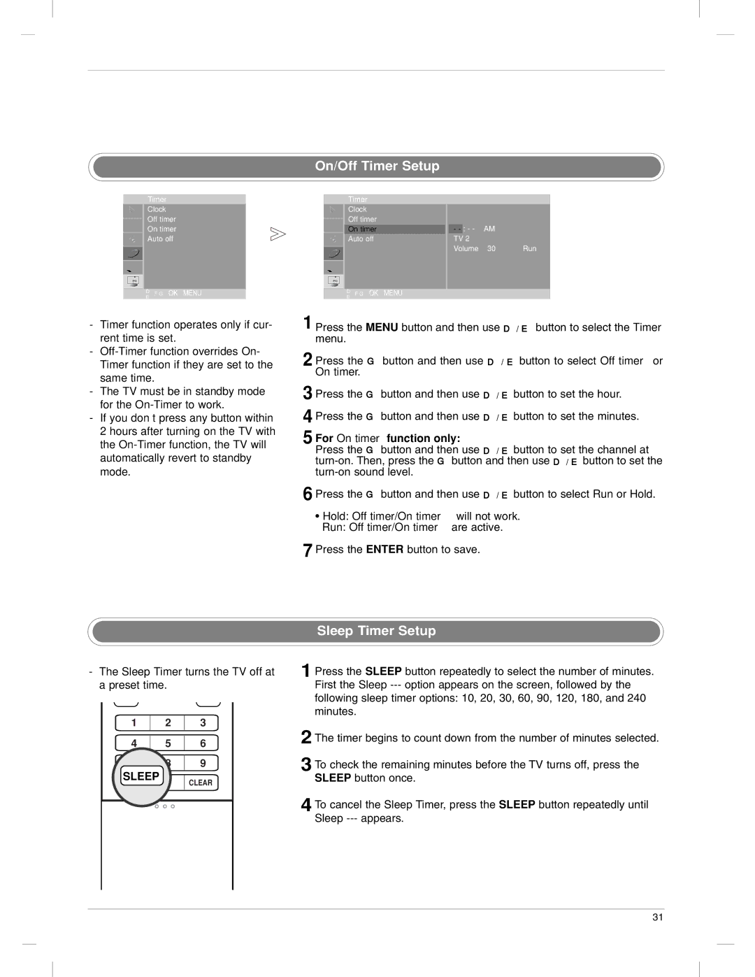 LG Electronics 23LX1RV owner manual On/Off Timer Setup, Sleep Timer Setup, For On timer function only 