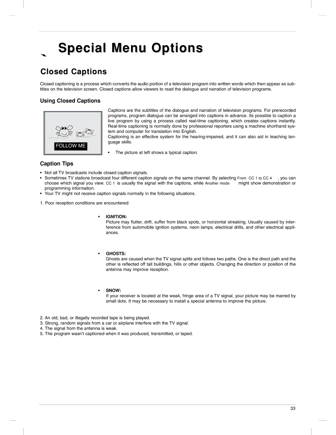 LG Electronics 23LX1RV owner manual Special Menu Options, Closed Captions 