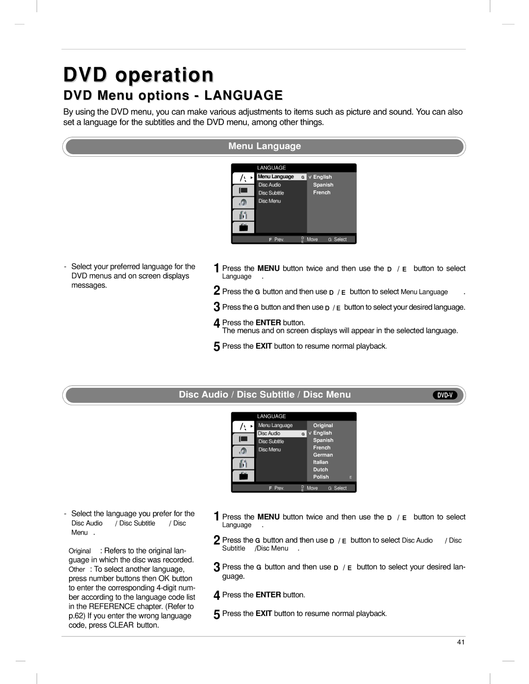 LG Electronics 23LX1RV owner manual DVD Menu options Language, Menu Language, Disc Audio / Disc Subtitle / Disc Menu 