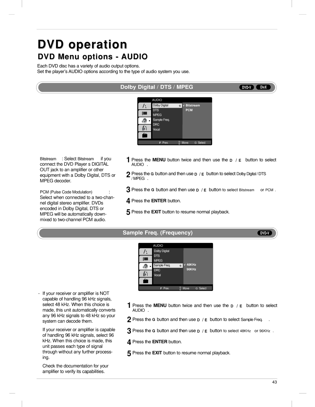 LG Electronics 23LX1RV owner manual DVD Menu options Audio, Dolby Digital / DTS / Mpeg, Sample Freq. Frequency 