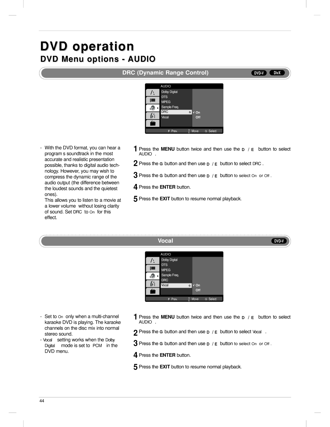 LG Electronics 23LX1RV owner manual DRC Dynamic Range Control, Vocal 