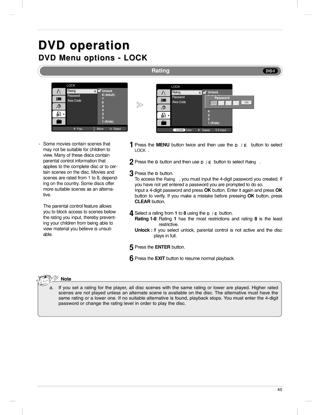 LG Electronics 23LX1RV owner manual DVD Menu options Lock, Rating 