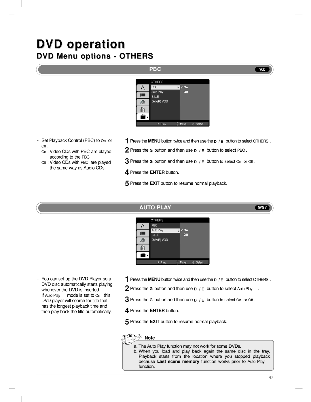 LG Electronics 23LX1RV owner manual DVD Menu options Others, Pbc 