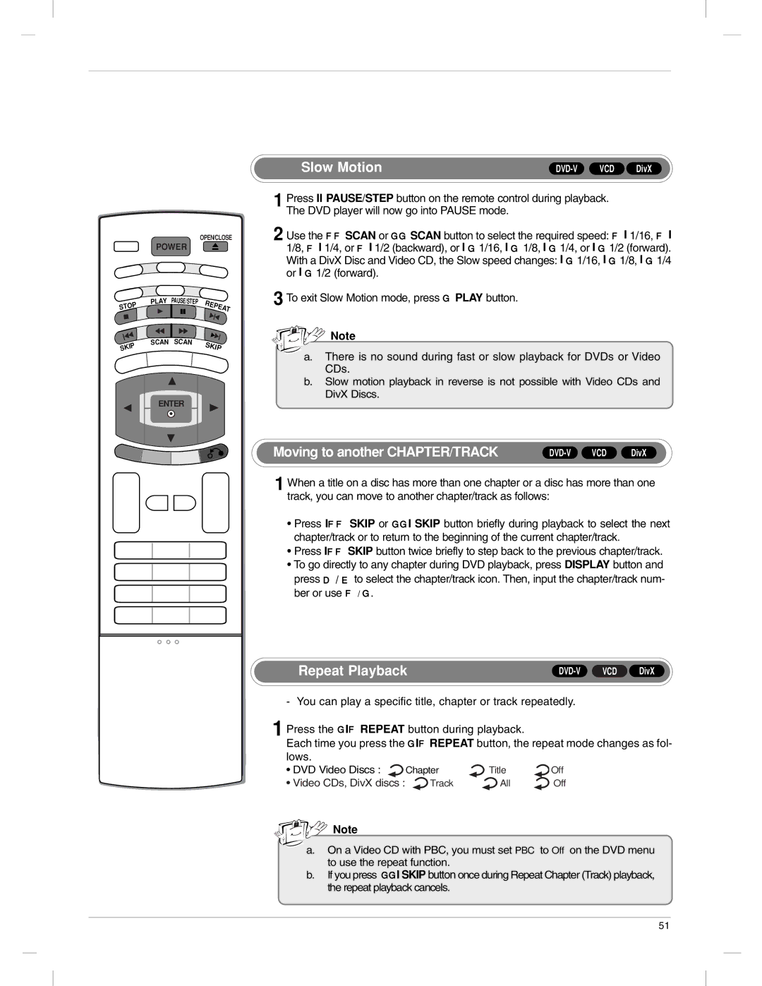 LG Electronics 23LX1RV owner manual Slow Motion, Moving to another CHAPTER/TRACK, Repeat Playback 