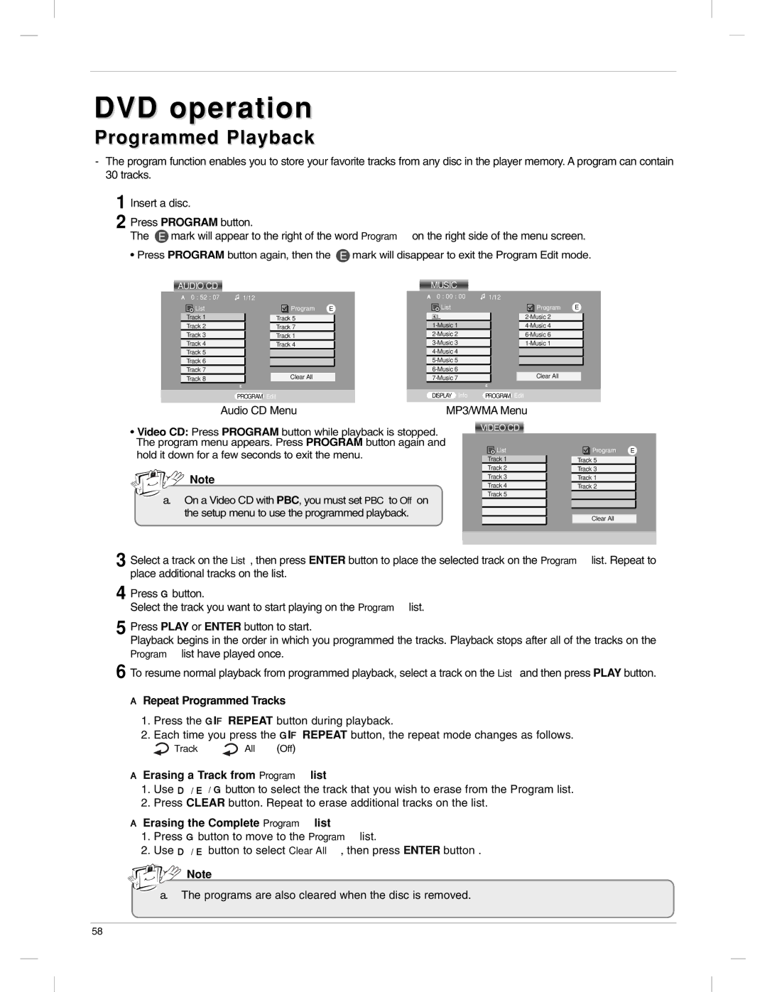 LG Electronics 23LX1RV owner manual Programmed Playback, Repeat Programmed Tracks, Erasing a Track from Program list 