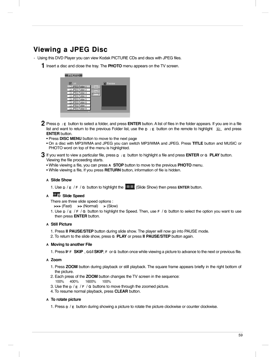 LG Electronics 23LX1RV Viewing a Jpeg Disc, Slide Show, Still Picture, Moving to another File, To rotate picture 