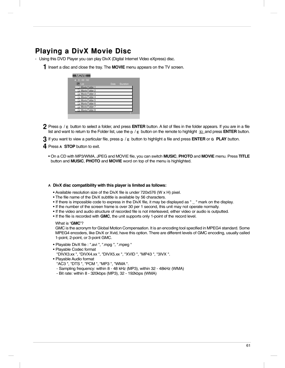 LG Electronics 23LX1RV owner manual Playing a DivX Movie Disc 