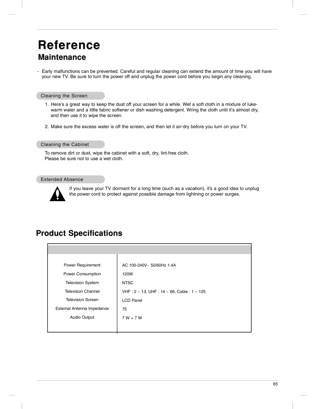 LG Electronics 23LX1RV owner manual Maintenance, Product Specifications 