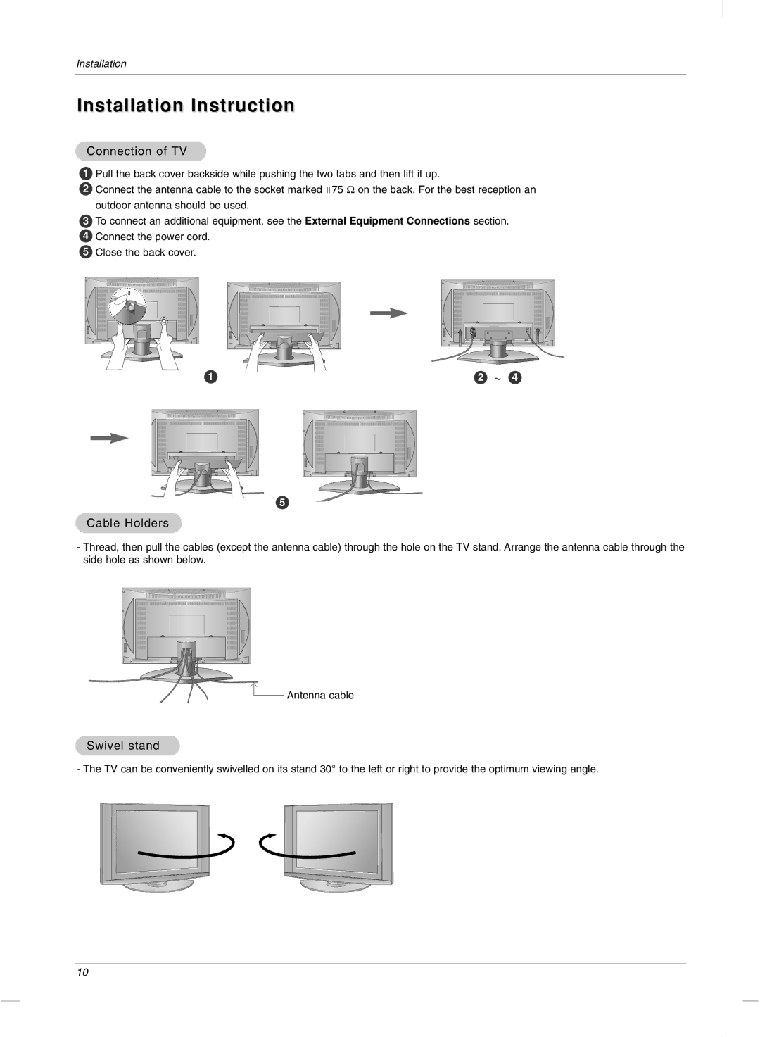 LG Electronics 23LX2R owner manual Installation Instruction, Connection of TV, Cable Holders, Swivel stand 