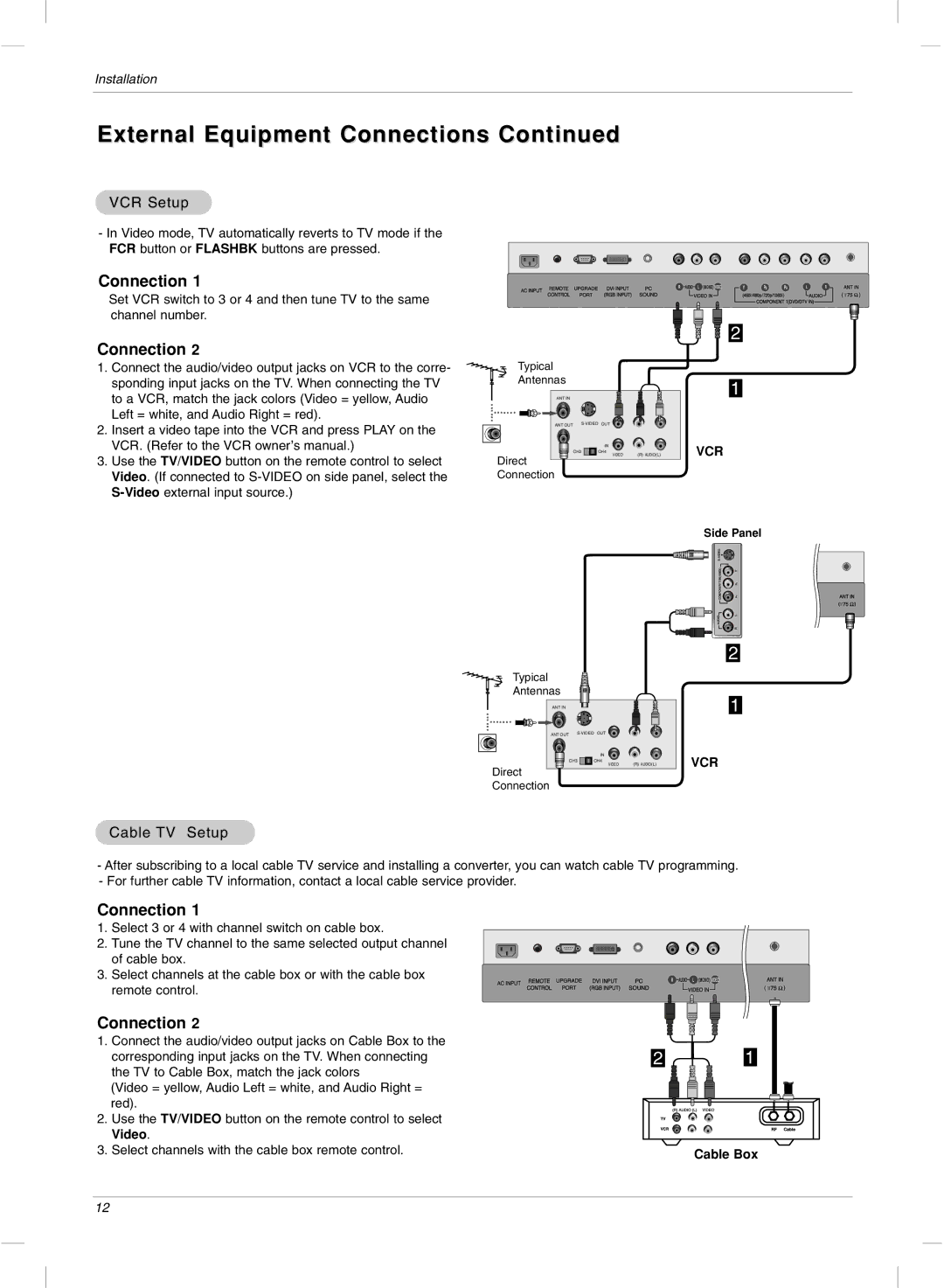 LG Electronics 23LX2R owner manual External Equipment Connections, VCR Setup, Cable TV Setup, Cable Box 