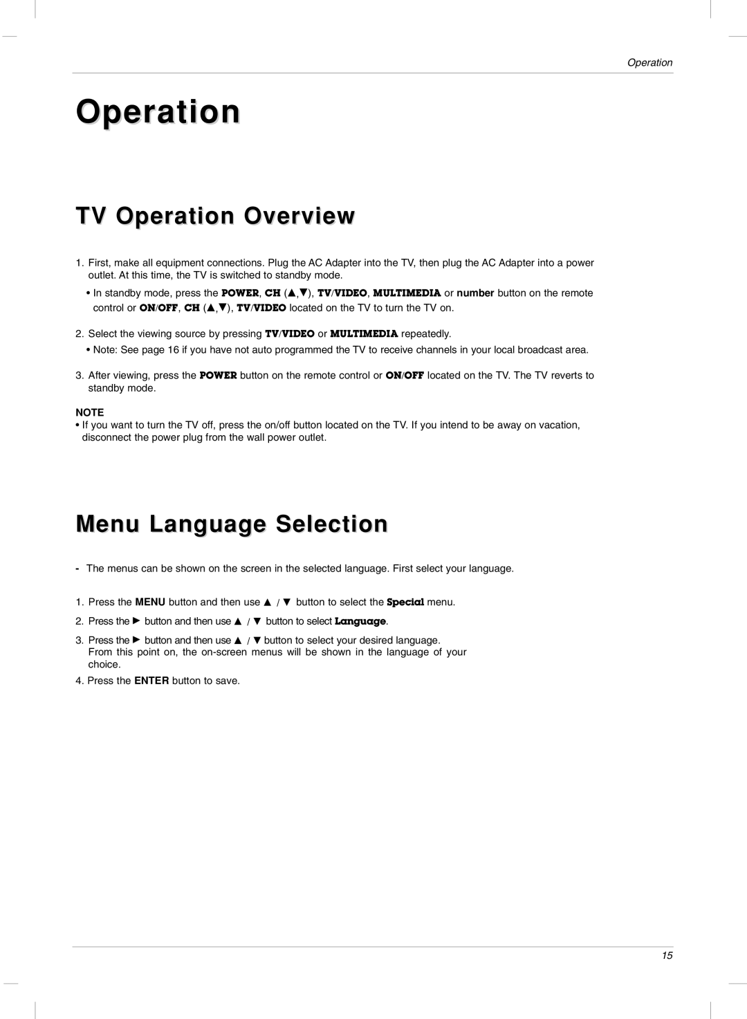 LG Electronics 23LX2R owner manual TV Operation Overview, Menu Language Selection 