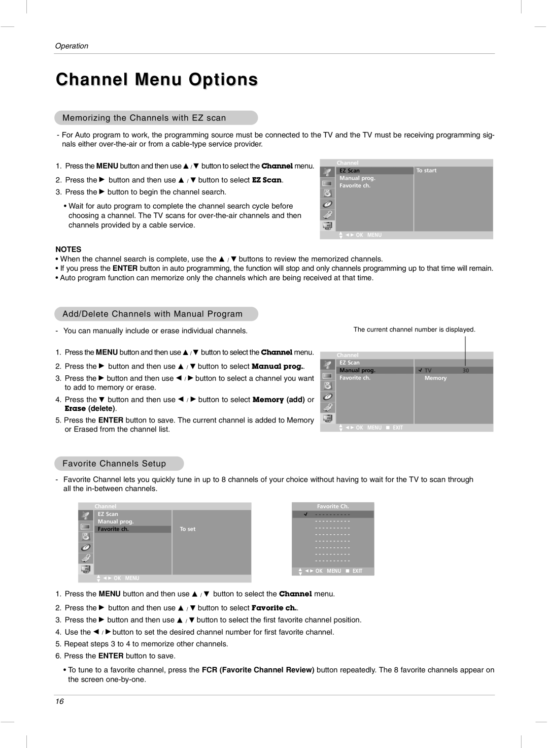 LG Electronics 23LX2R Channel Menu Options, Memorizing the Channels with EZ scan, Add/Delete Channels with Manual Program 