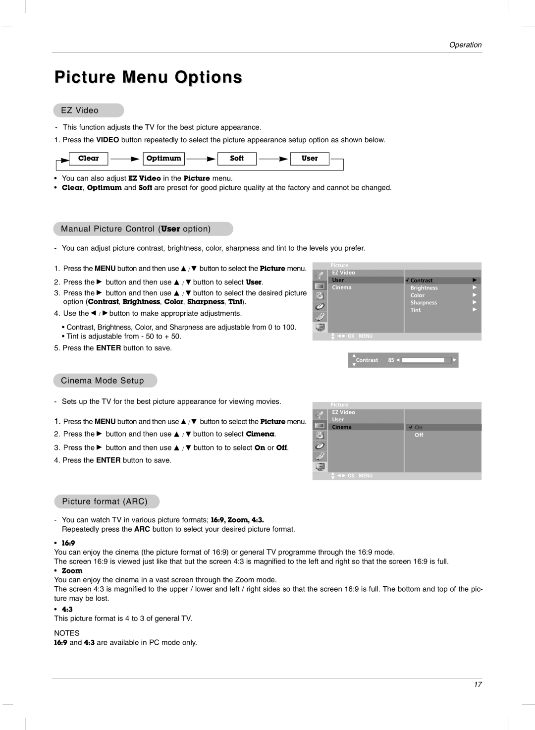 LG Electronics 23LX2R owner manual Picture Menu Options, EZ Video, Manual Picture Control User option, Cinema Mode Setup 