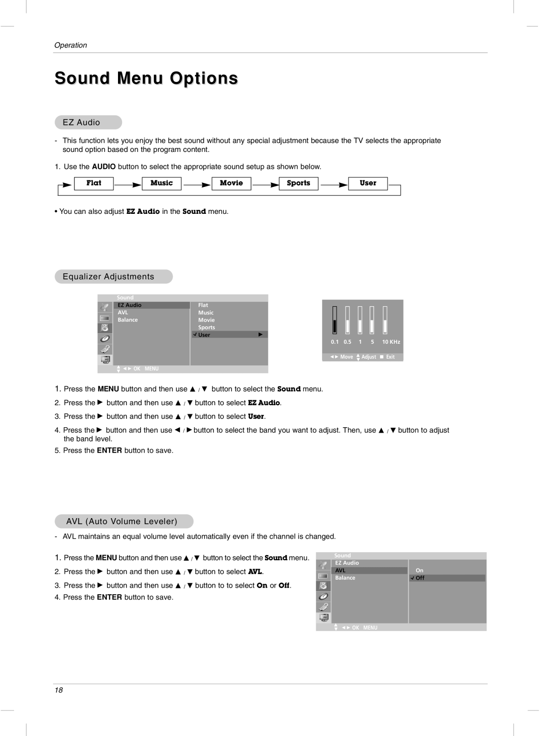 LG Electronics 23LX2R owner manual Sound Menu Options, EZ Audio, Equalizer Adjustments, AVL Auto Volume Leveler 